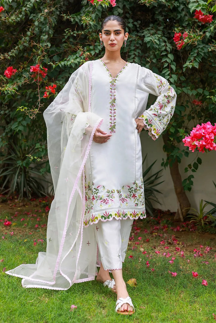 Nadia Khan Pret Embroidered Raw Silk 3 Piece Floral white