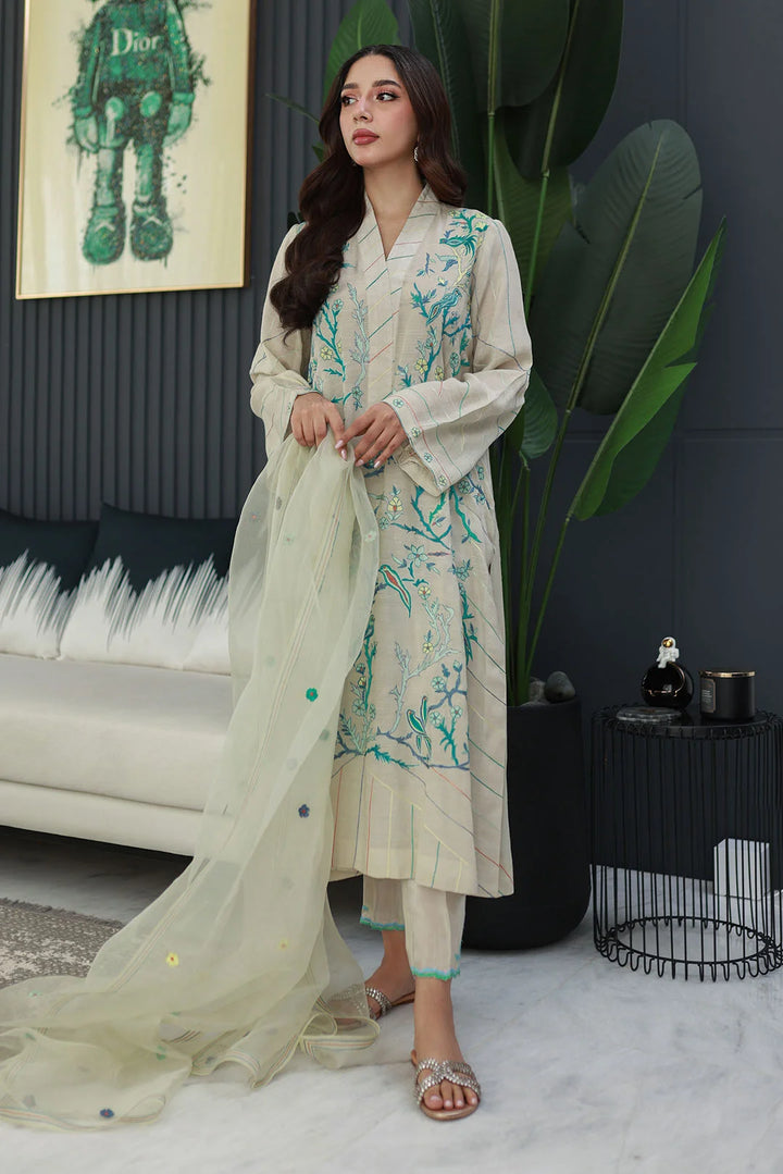 Nadia Khan Pret Embroidered Raw Silk 3 Piece Seashell White