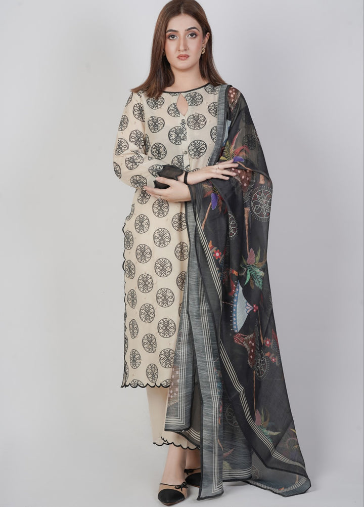 Vibgyor Fashion Embroidered Printed Lawn Unstitched 3 Piece Cream Black Geometrical Sufi D9-S-25