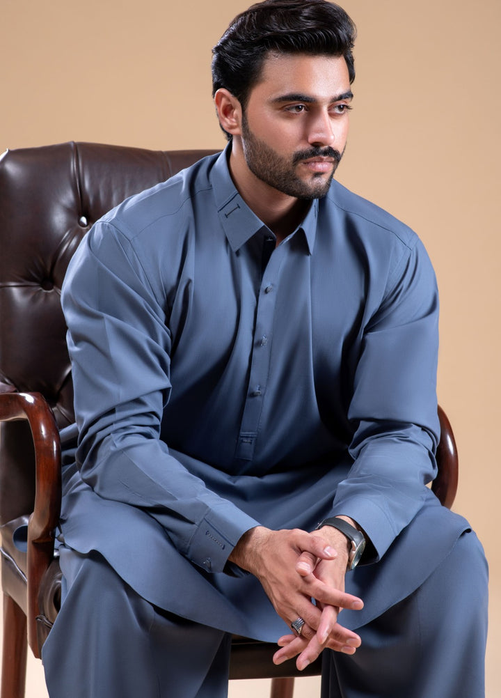Buraq Mens Arbab Edit  Kurta Shalwar Wash N Wear Slate Blue - Casual Collection