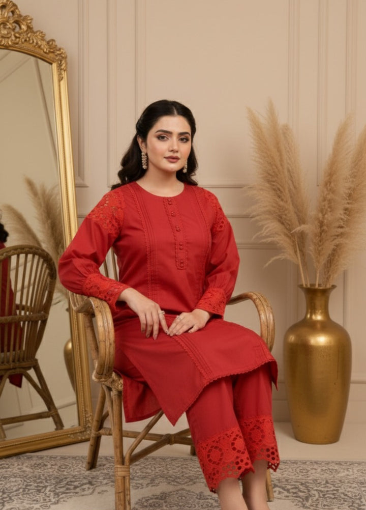 Pret Bee Women Cotton Embroidered Suits 2 Piece Vibrant Red - Winter Collection
