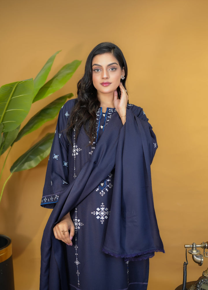 Pret Bee Women Dhanak Embroidered Suits 3 Piece Blue Dhanak - Winter Collection