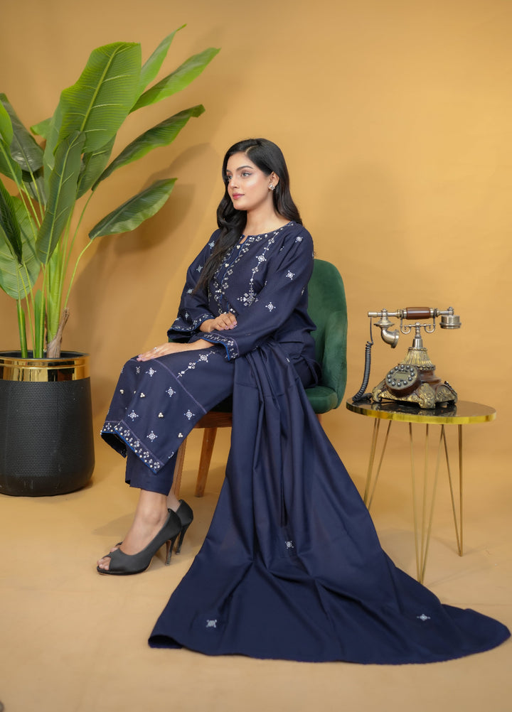 Pret Bee Women Dhanak Embroidered Suits 3 Piece Blue Dhanak - Winter Collection