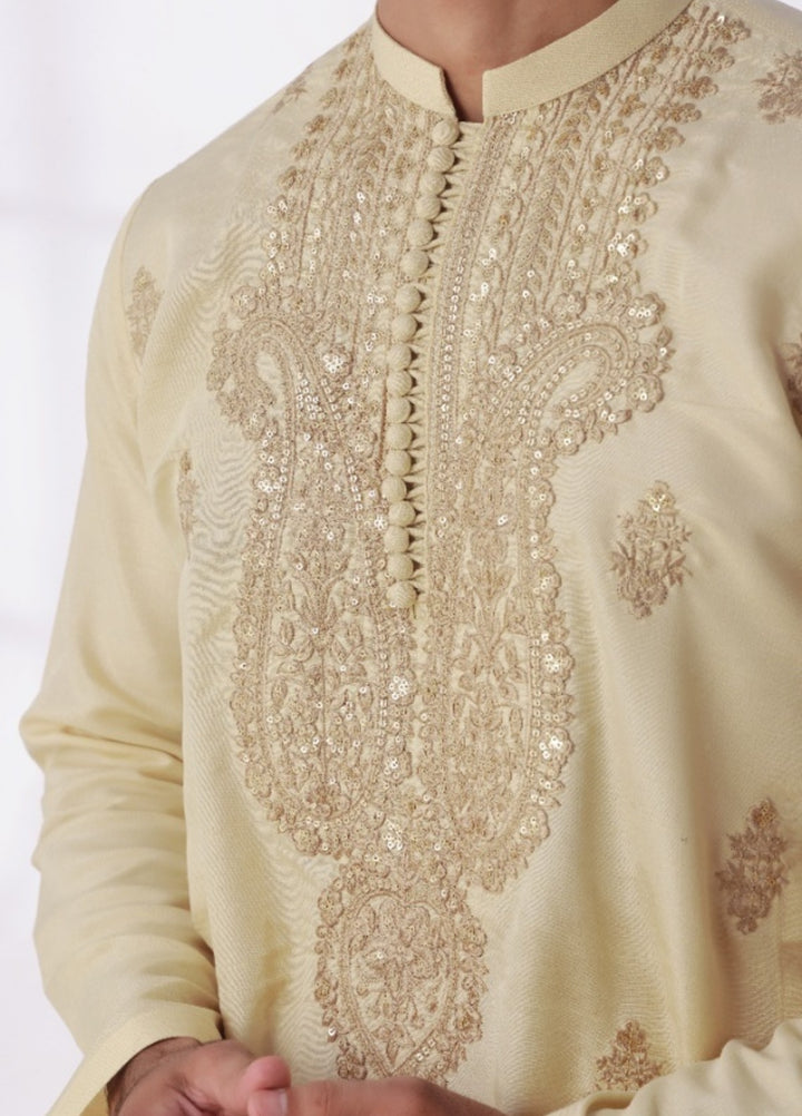 Bazm E Riwayat by Bin Musab Men Kurta Pajama 2 Piece Raw Silk Fountain Baige - Festive Collection