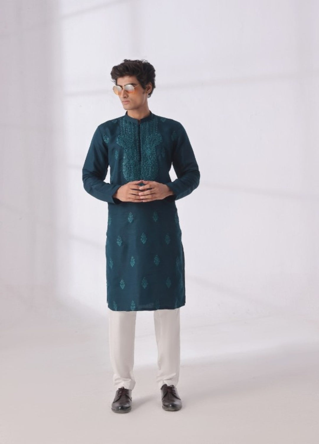 Bazm E Riwayat by Bin Musab Men Kurta Pajama 2 Piece Raw Silk Tealuxe Blue - Festive Collection