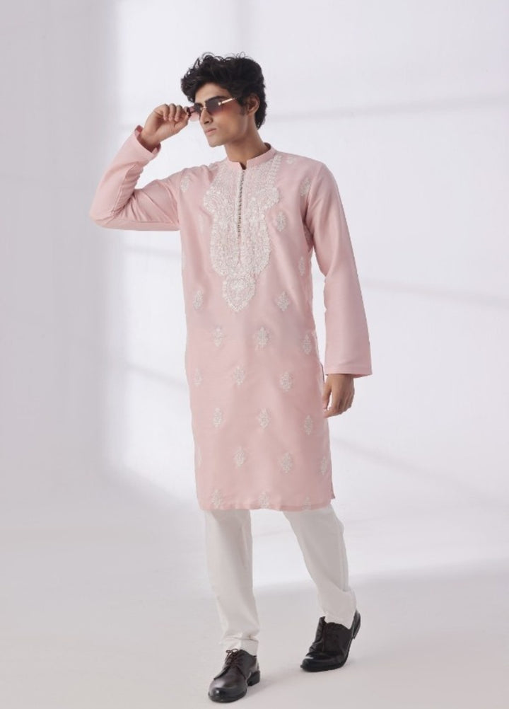 Bazm E Riwayat by Bin Musab Men Kurta Pajama 2 Piece Raw Silk Cheery Bloom - Festive Collection