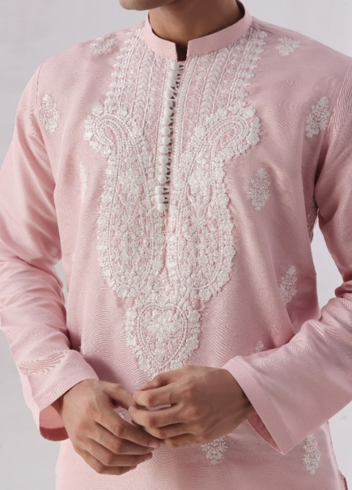 Bazm E Riwayat by Bin Musab Men Kurta Pajama 2 Piece Raw Silk Cheery Bloom - Festive Collection