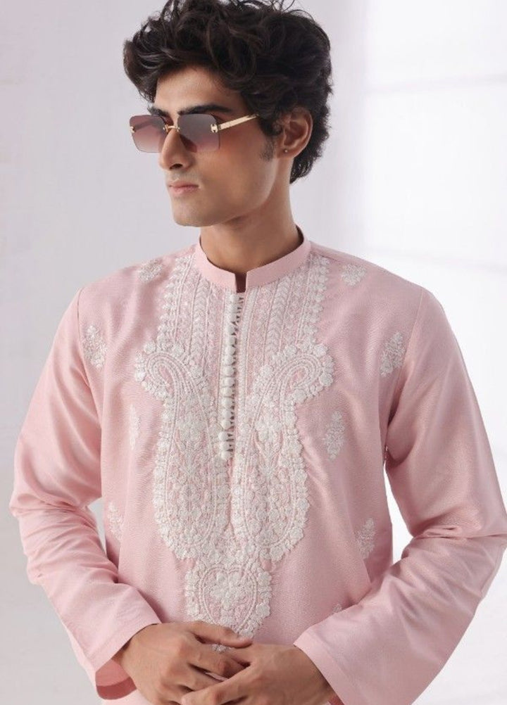 Bazm E Riwayat by Bin Musab Men Kurta Pajama 2 Piece Raw Silk Cheery Bloom - Festive Collection