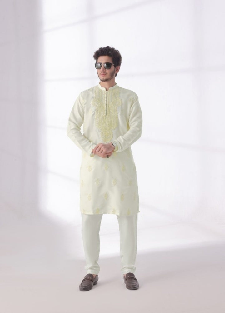 Bazm E Riwayat by Bin Musab Men Kurta Pajama 2 Piece Raw Silk Creamsicle Tide - Festive Collection