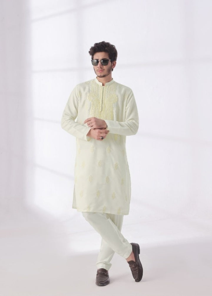 Bazm E Riwayat by Bin Musab Men Kurta Pajama 2 Piece Raw Silk Creamsicle Tide - Festive Collection