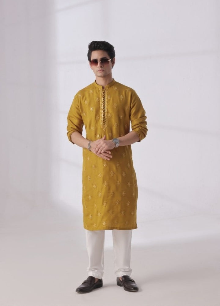 Bazm E Riwayat by Bin Musab Men Kurta Pajama 2 Piece Raw Silk Mustard Seed - Festive Collection