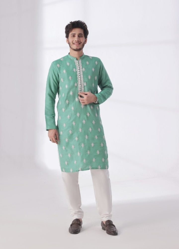 Bazm E Riwayat by Bin Musab Men Kurta Pajama 2 Piece Raw Silk Ocean Breeze - Festive Collection