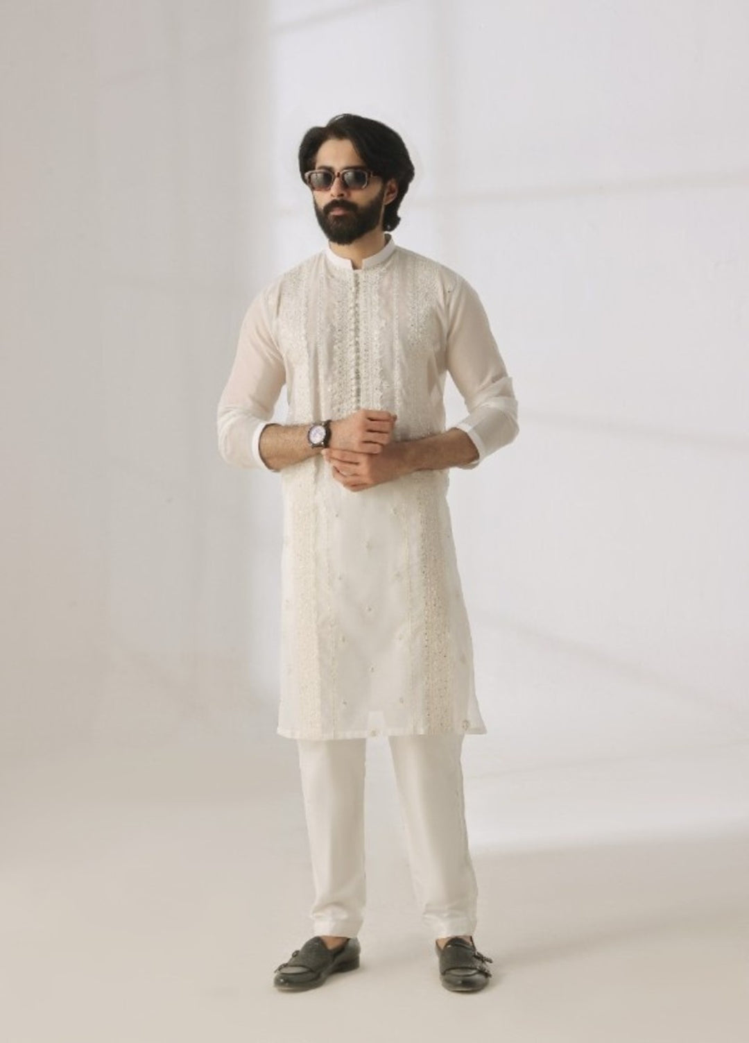 Bazm E Riwayat by Bin Musab Men Kurta Pajama 2 Piece Paper Cotton Pearl Creek - Festive Collection