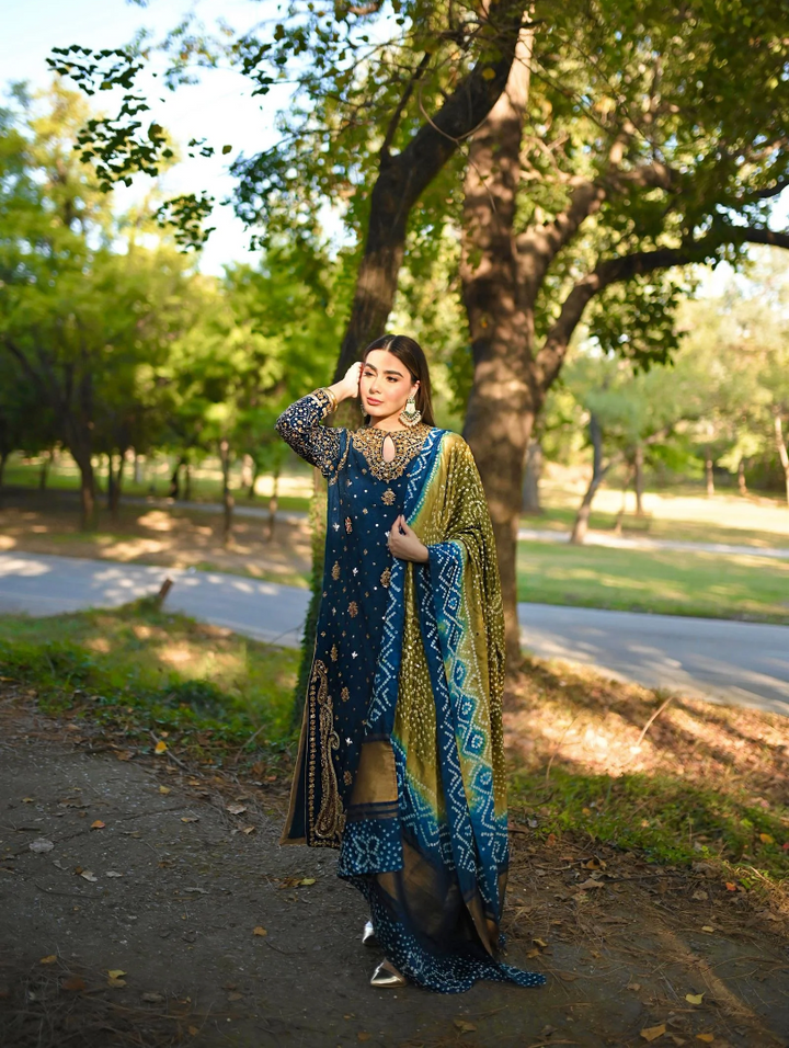 Luxe By Hues Atelier Women Pret 3 Piece Lakhnawi Blue Formal - Formals Collection
