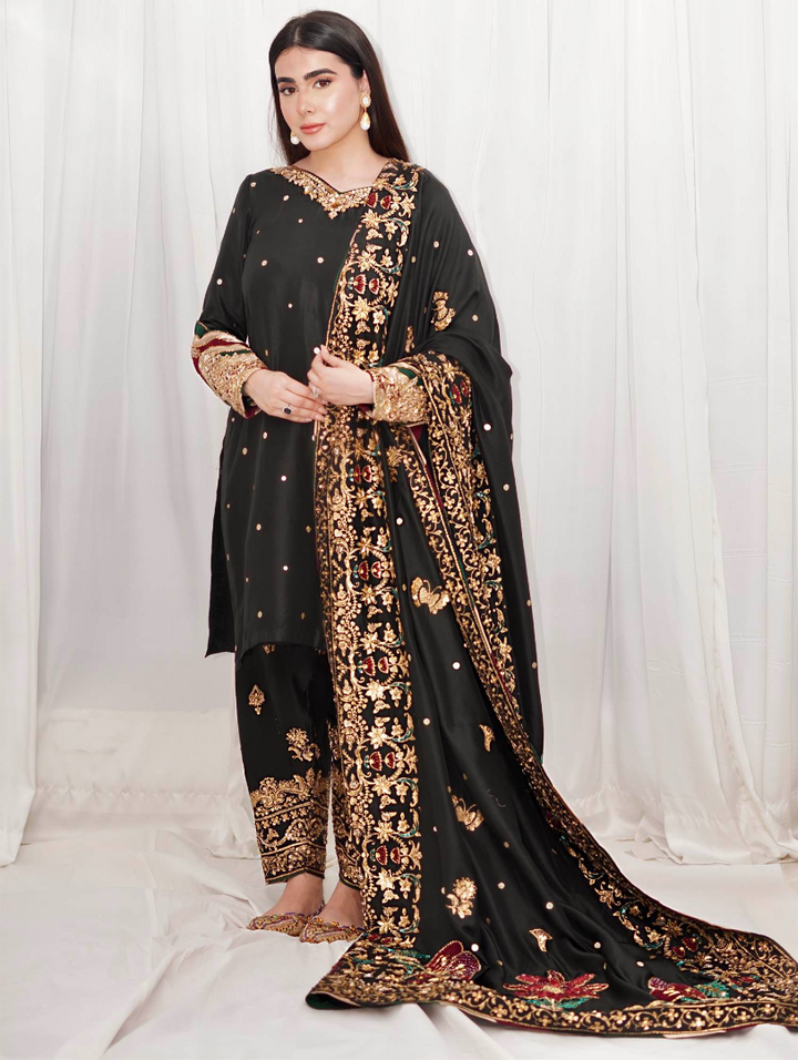 Luxe By Hues Atelier Women Pret 3 Piece Black Chaadar - Formals Collection
