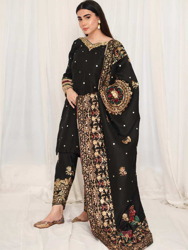 Luxe By Hues Atelier Women Pret 3 Piece Black Chaadar - Formals Collection