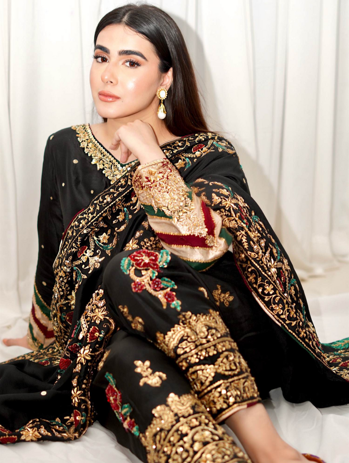 Luxe By Hues Atelier Women Pret 3 Piece Black Chaadar - Formals Collection