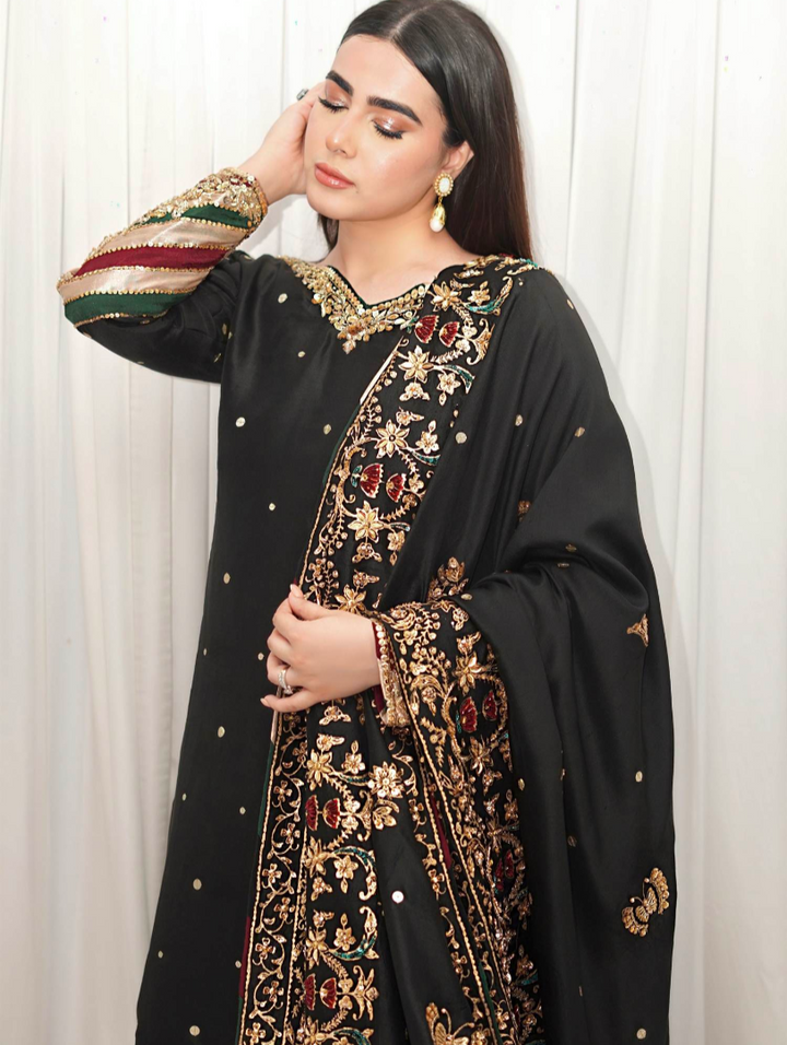 Luxe By Hues Atelier Women Pret 3 Piece Black Chaadar - Formals Collection
