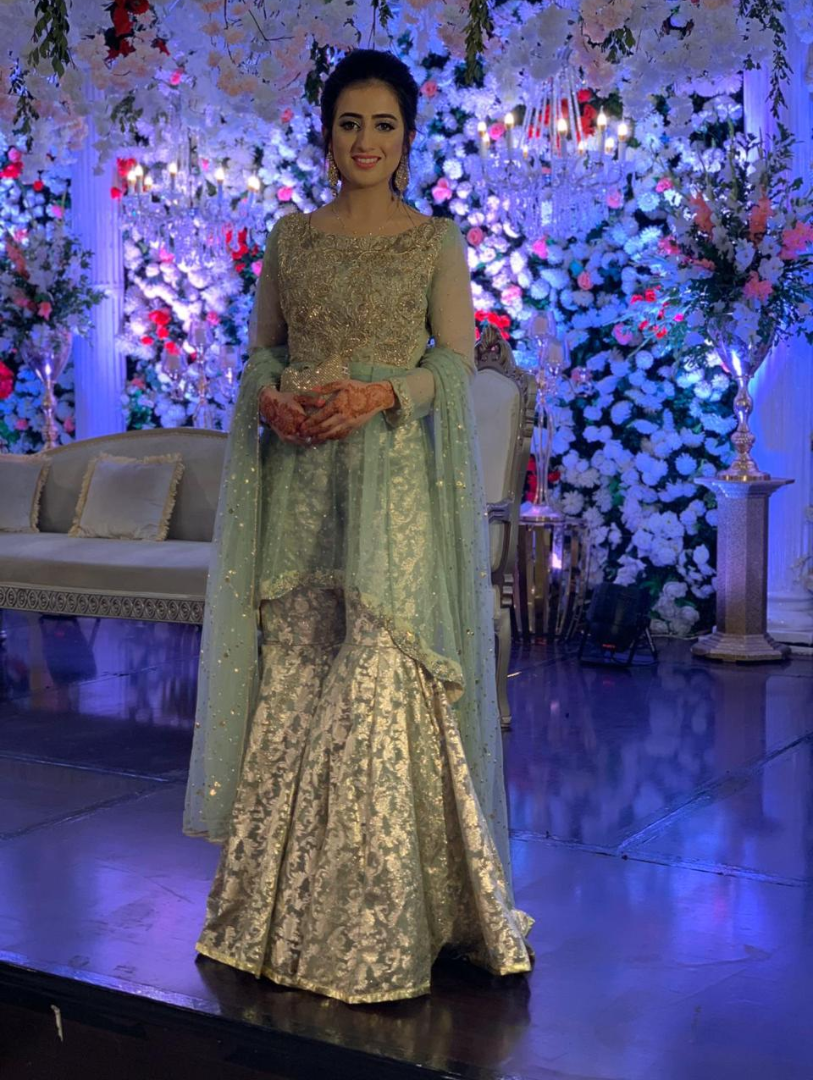 Luxe By Hues Atelier Women Pret 3 Piece Client Spotted In Customised Pale Green Gharara Peplum - Formals Collection