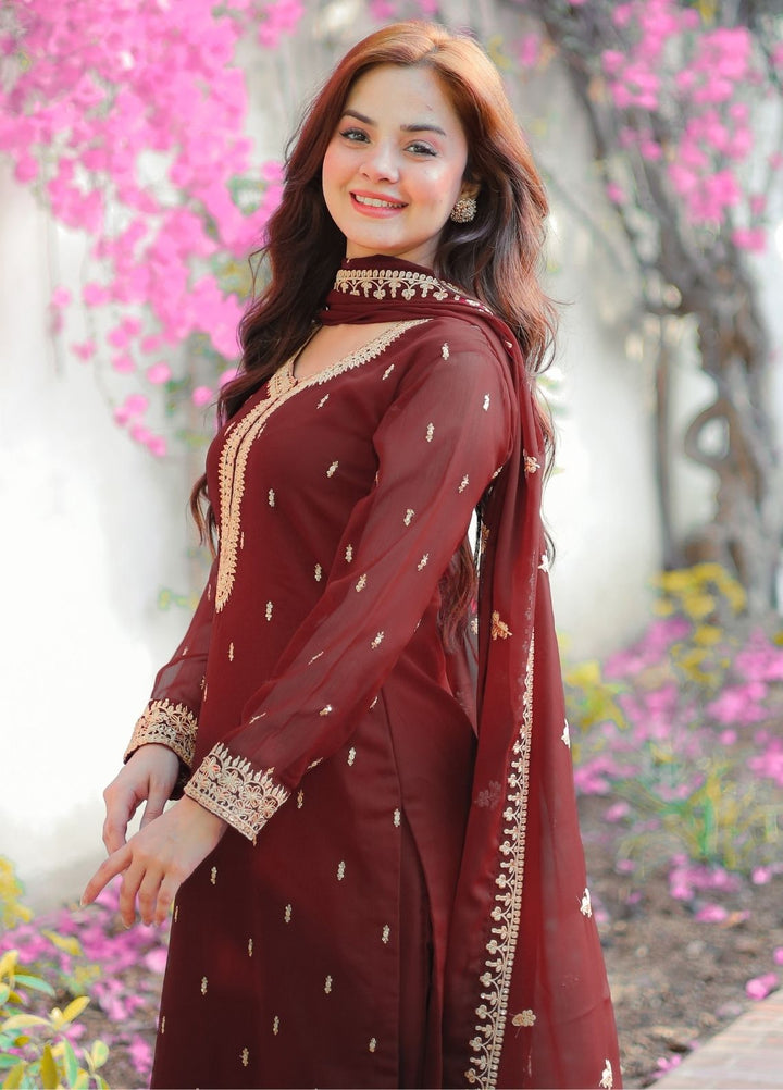 Rang e Haya by Abaan Zohan Woman Pret Chiffon 3 Piece Ada Maroon - Festive Collection