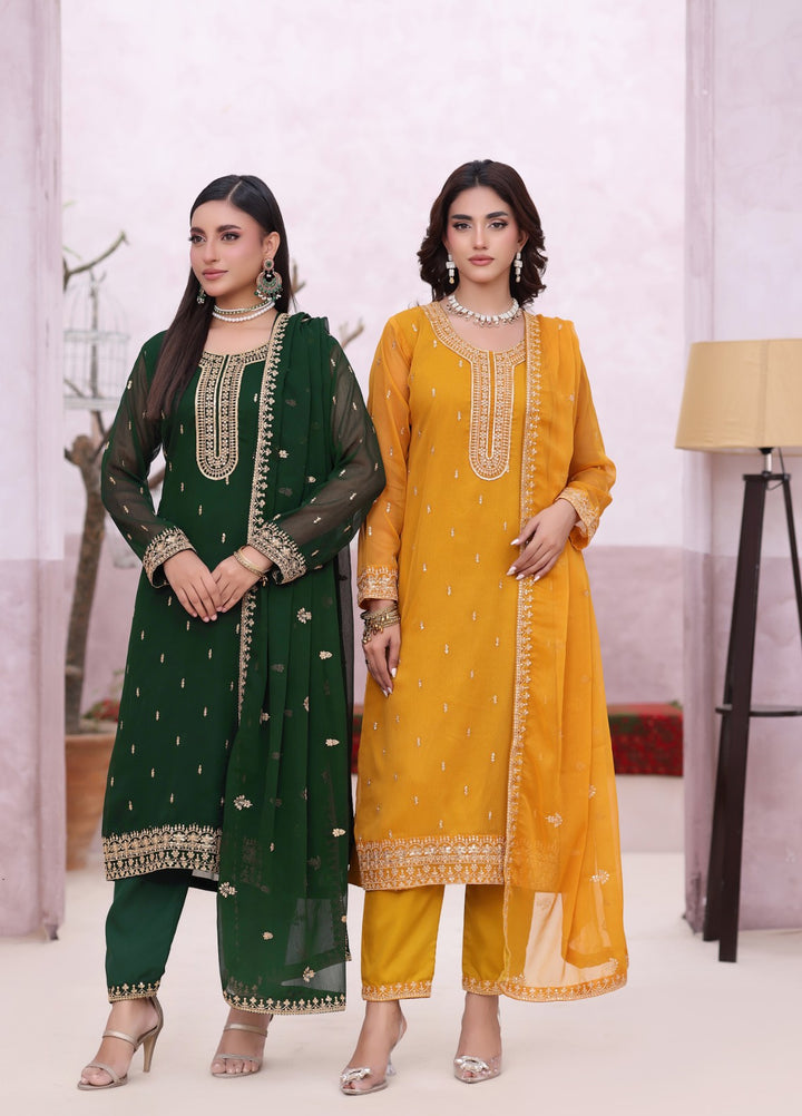 Rang e Haya by Abaan Zohan Woman Pret Chiffon 3 Piece Ada Mustard - Festive Collection