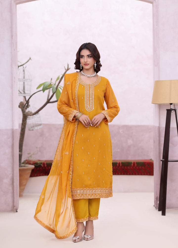 Rang e Haya by Abaan Zohan Woman Pret Chiffon 3 Piece Ada Mustard - Festive Collection