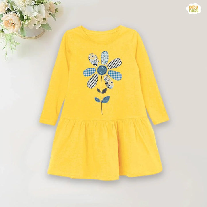 Baby Nest Pret 1 Piece Full Sleeves Baby Printed Frocks - Multi Flower - Bnbpf-60-D4 - Yellow