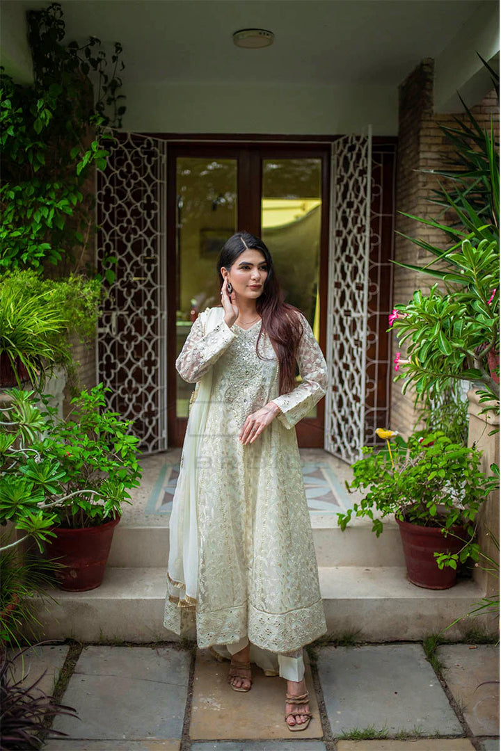 Mona Embroidery Pret Embroidered Chiffon 3 Piece Suit Ornate Blossoms White