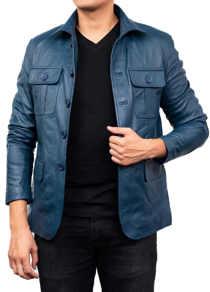 Jild Leathers 5-Button Men Lambskin Leather Blazer-Blue - Blazers And Coats Collection