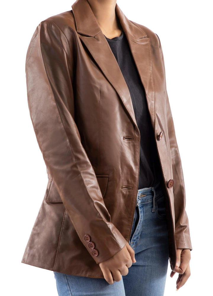 Jild Leathers Classic 2-Button Lambskin Leather Blazer Women-Cognac - Blazers And Coats Collection