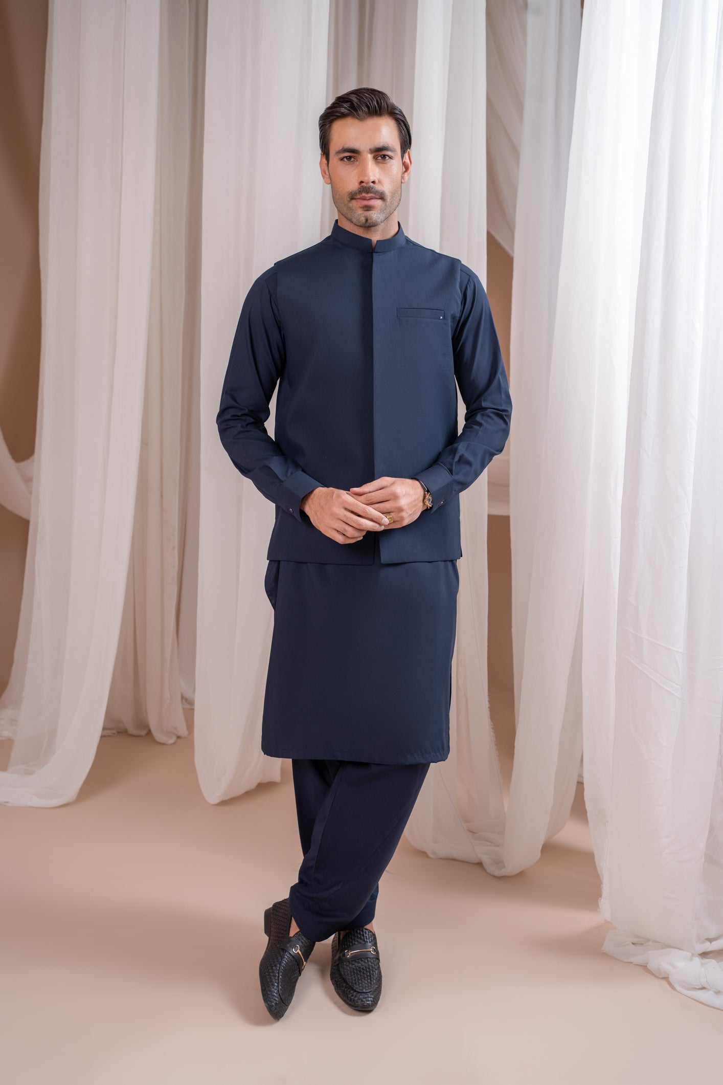 Muraqsh Ready To Wear Embroidered Cotton Men Pink Falling Embroidered Waistcoat MUR-PFEW - Summer Collection