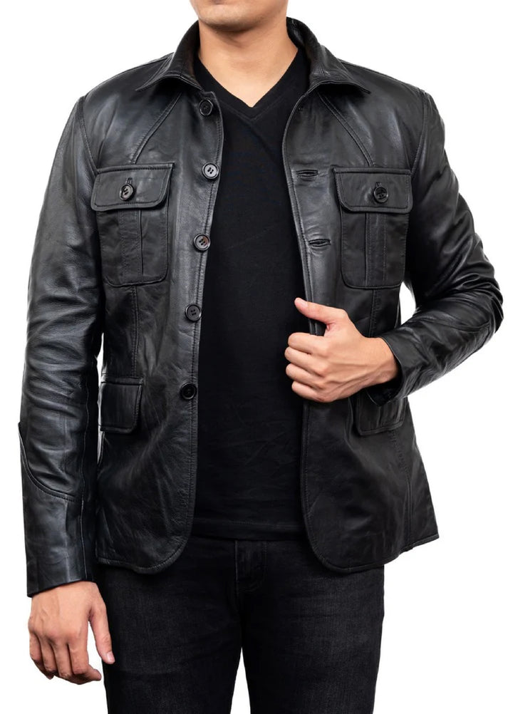 Jild Leathers 5-Button Men Lambskin Leather Blazer-Black - Blazers And Coats Collection
