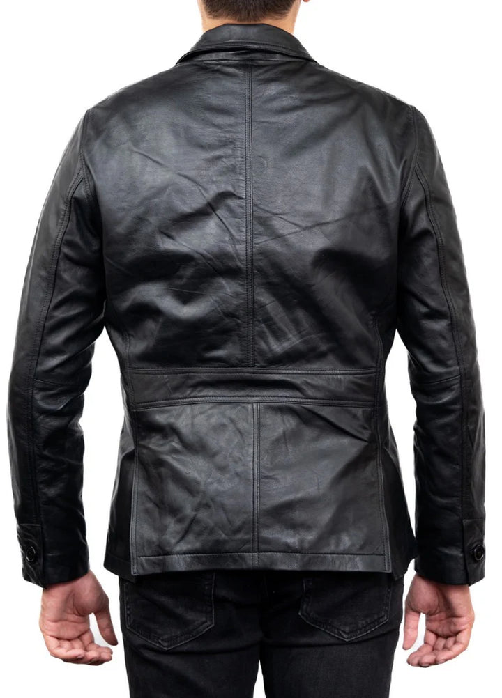 Jild Leathers 2-Button Men Lambskin Leather Blazer-Black - Blazers And Coats Collection