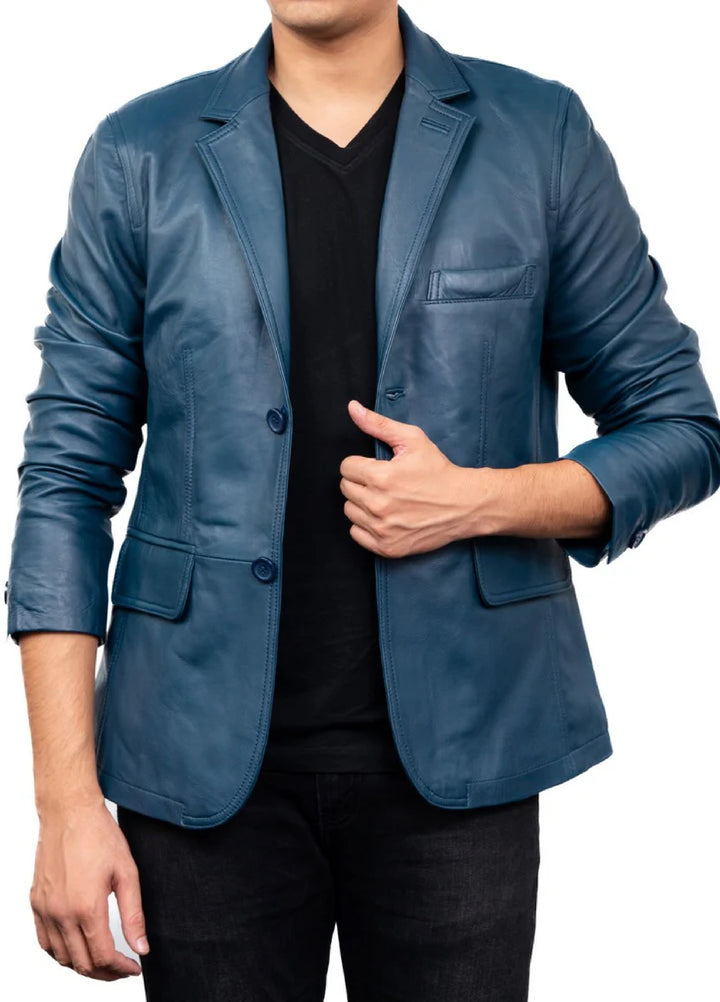 Jild Leathers 2-Button Men Lambskin Leather Blazer-Blue - Blazers And Coats Collection