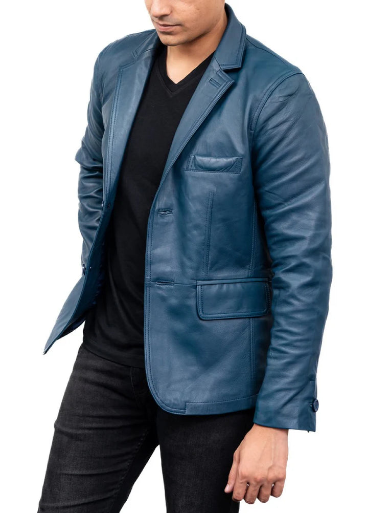 Jild Leathers 2-Button Men Lambskin Leather Blazer-Blue - Blazers And Coats Collection