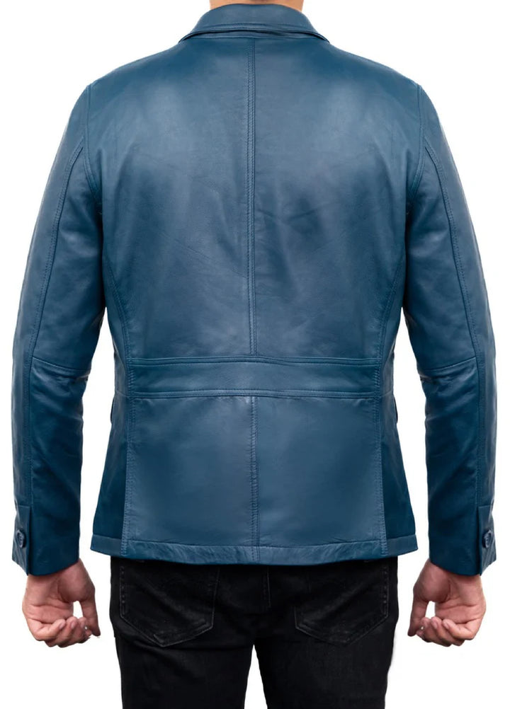 Jild Leathers 2-Button Men Lambskin Leather Blazer-Blue - Blazers And Coats Collection