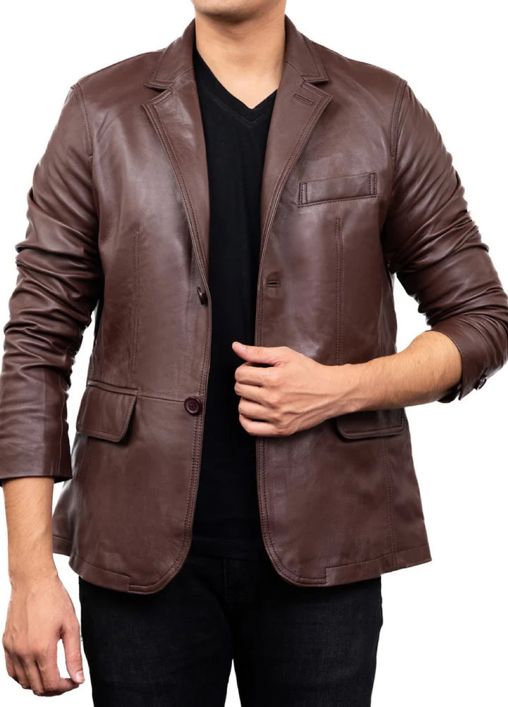 Jild Leathers 2-Button Men Lambskin Leather Blazer-Brown - Blazers And Coats Collection