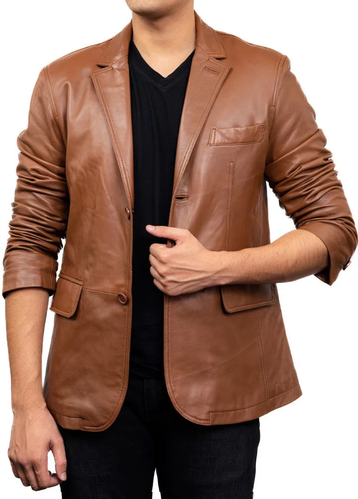 Jild Leathers 2-Button Men Lambskin Leather Blazer-Cognac - Blazers And Coats Collection