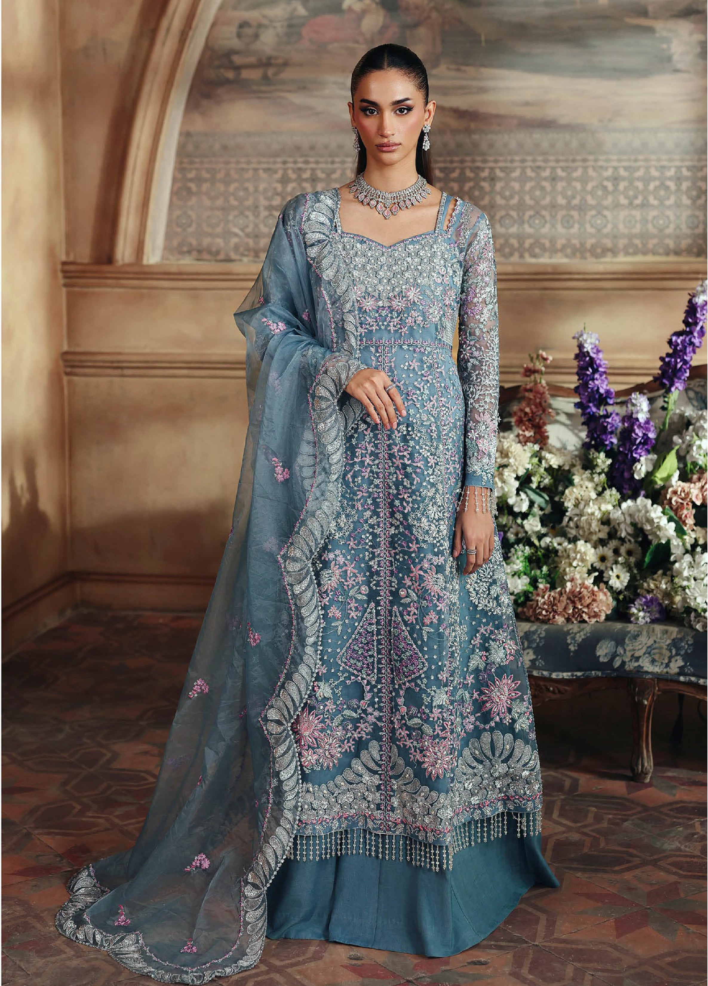 La Regina by Seraph Embroidered Net Suits Unstitched 3 Piece SPH24LR Rosewood - Festive Collection