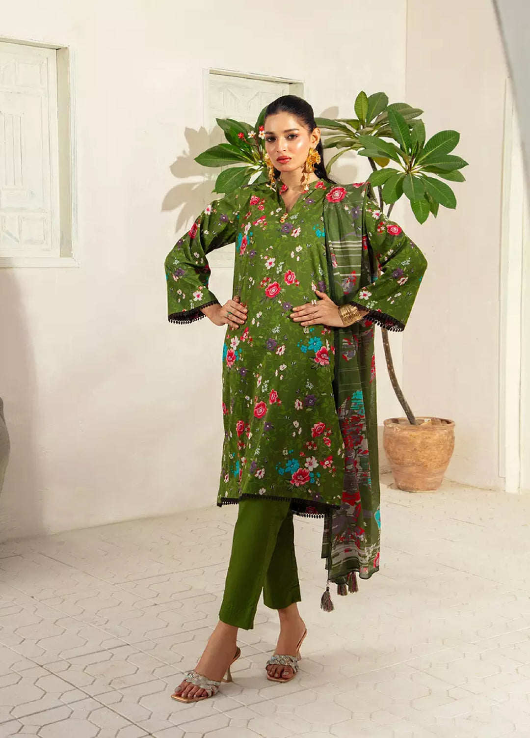 3PC Unstitched  Doria Cambric Printed Suit (P286)