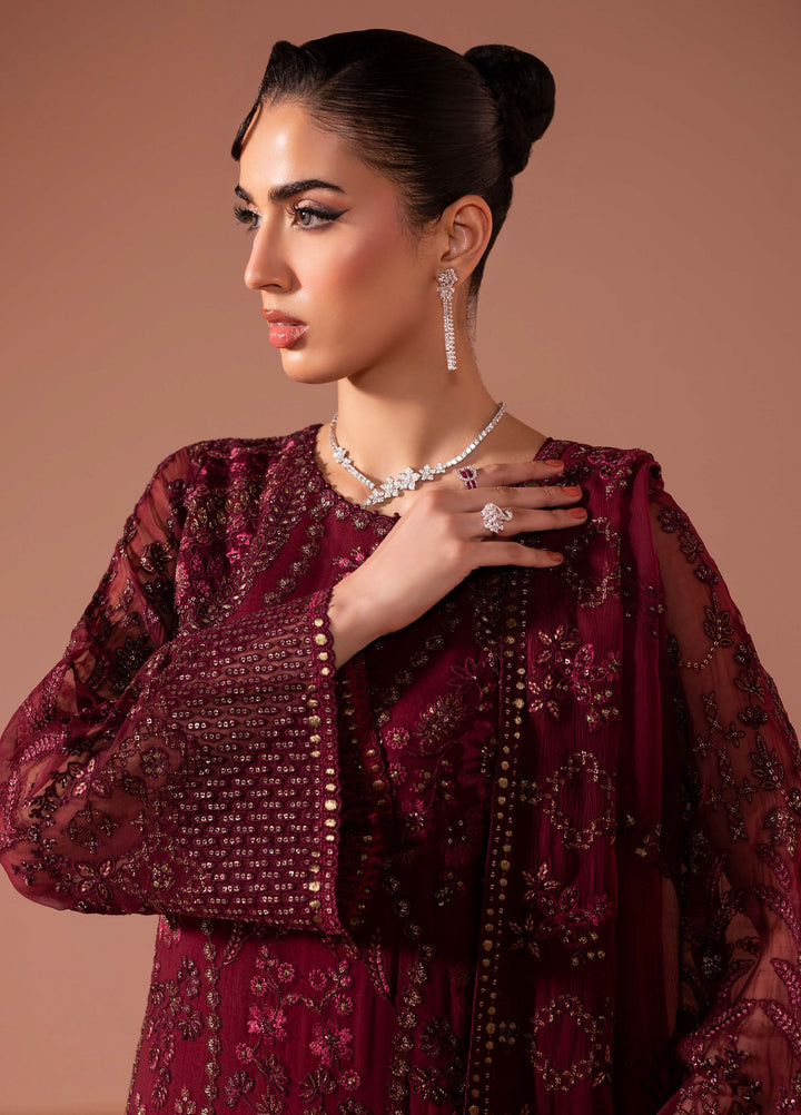 Murawwat by Lavish Premium Unstitched Luxury Chiffon Embroidered 3 peice LV25MC M-01 Rosewood Wine - Formals Collection