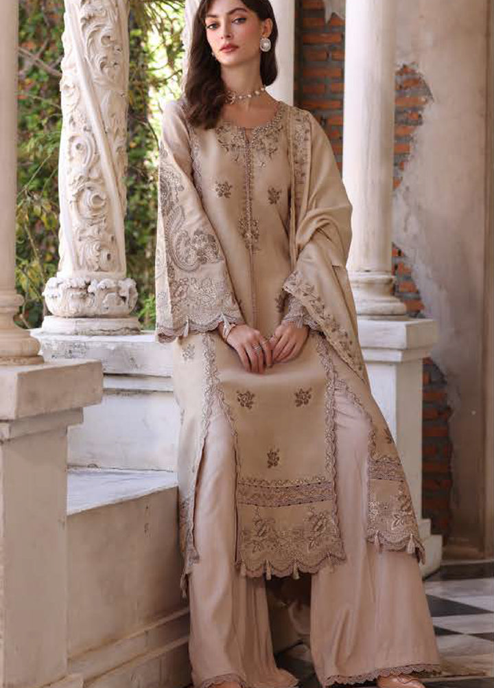 Noor by Saadia Asad Unstitched Linen Pashmina Shawl Embroidered Suits 3 Piece NSA25PW D12-Caramel Mist - Winter Collection