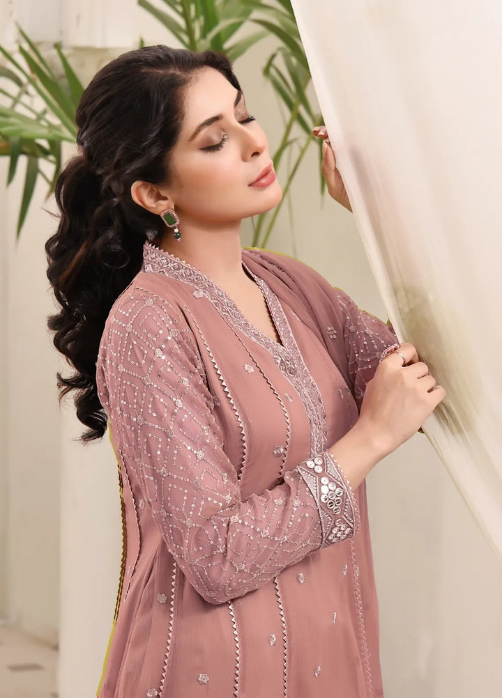 Abaan Zohan Pret Embroidered Chiffon 3 Piece Suit Kashish Tea pink