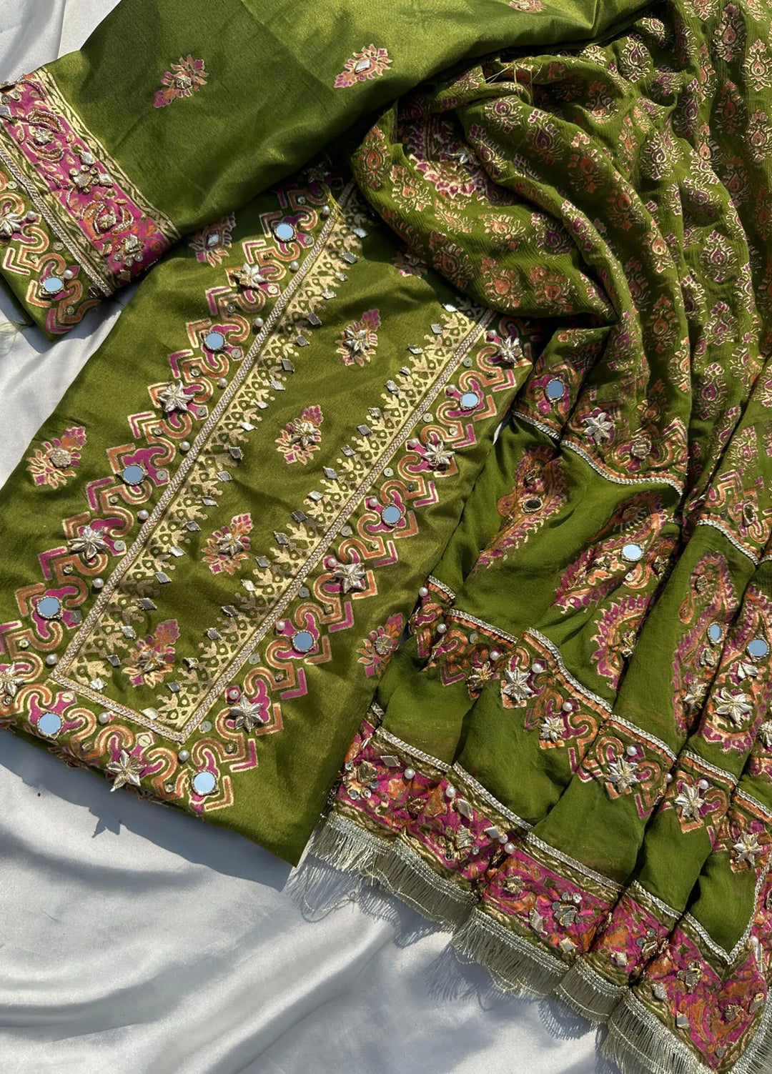 Adaa By Mahnoor Embellished Raw Silk Suits Unstitched 3 Piece Dhani Green - Festive Collection