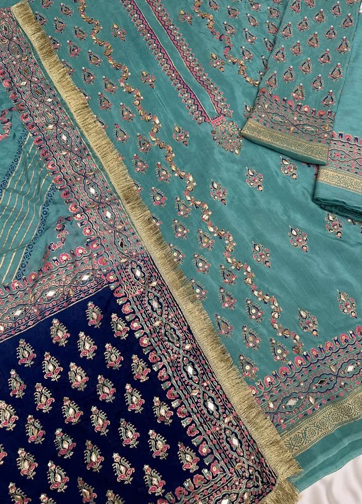 Adaa By Mahnoor Embellished Raw Silk Suits Unstitched 3 Piece Suit Aqua - Festive Collection