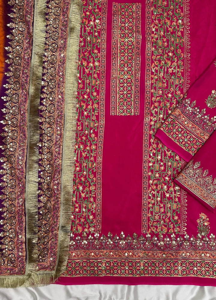 Adaa By Mahnoor Embellished Raw Silk Suits Unstitched 3 Piece Suit Bright Pink - Festive Collection