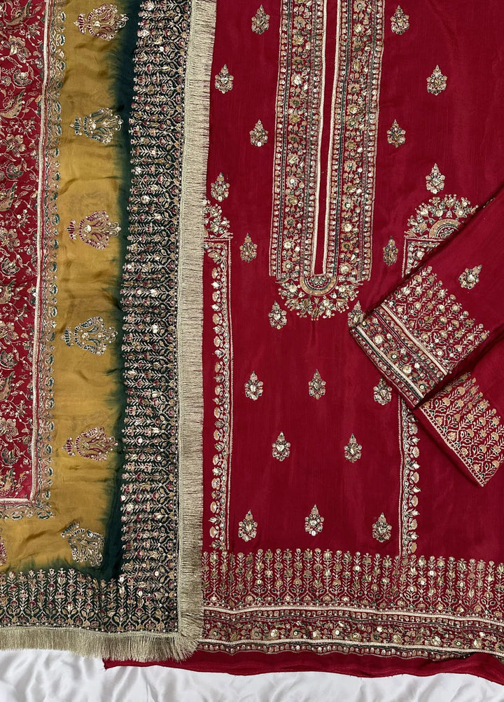 Adaa By Mahnoor Embroidered Raw Silk Suits Unstitched 3 Piece Carmine - Festive Collection