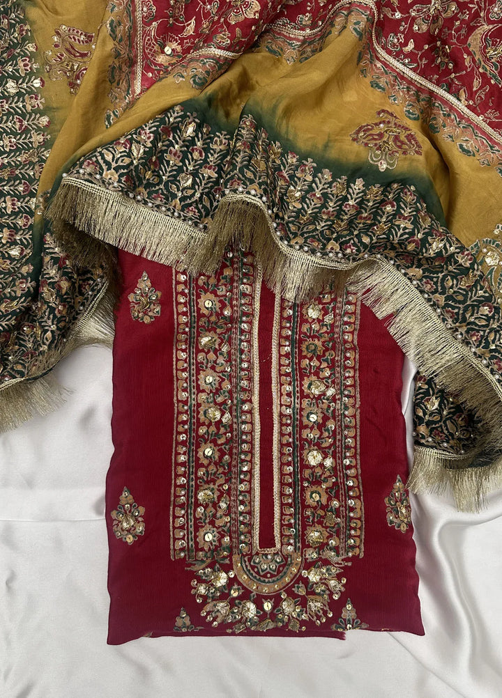 Adaa By Mahnoor Embroidered Raw Silk Suits Unstitched 3 Piece Carmine - Festive Collection