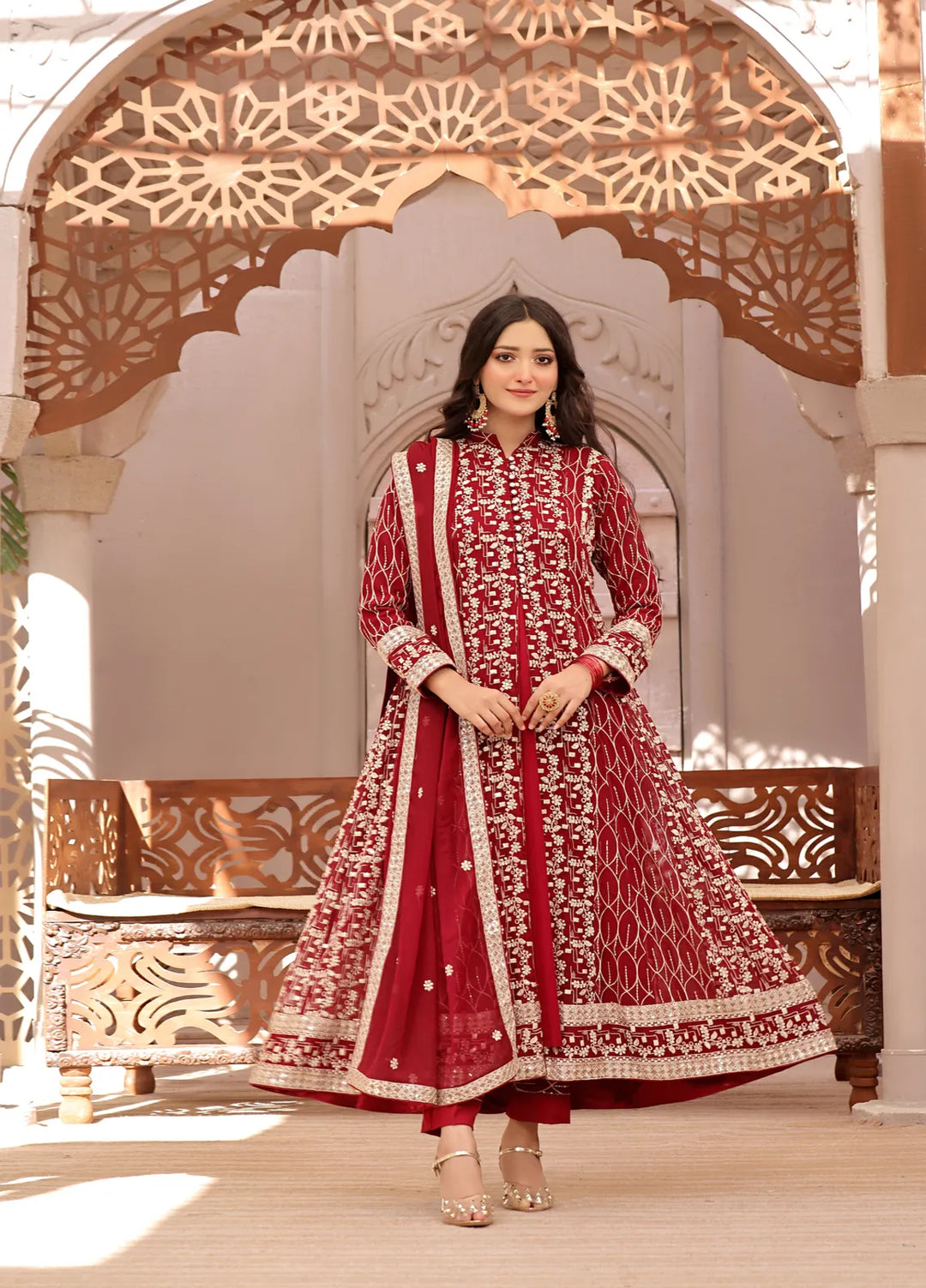 Adams Couture Pret Embroidered Chiffon 3 Piece Suit Bahar Red
