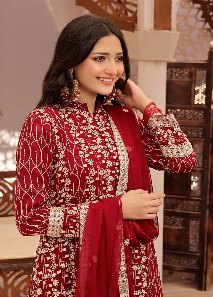 Adams Couture Pret Embroidered Chiffon 3 Piece Suit Bahar Red